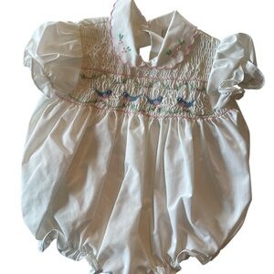 Vintage Baby Togs Hand Smocked Bluebird Bubble Romper 6-9M Heirloom Pink Scallop